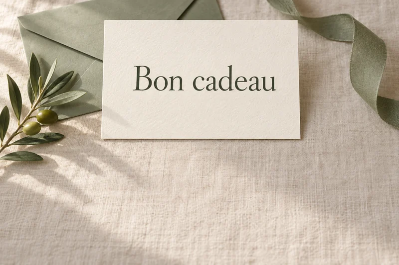 Carte portant l’inscription Bon cadeau, avec une enveloppe et un ruban vert sauge