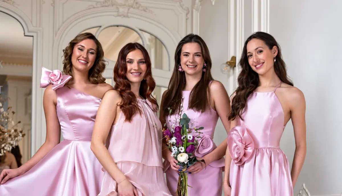 Quatre tenues de cérémonie rose poudré présentées par le Showroom BellandJoe près d'Amiens